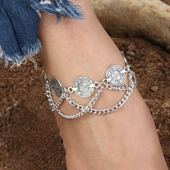 Bohemian Silver Coin Tassel Anklet - Picture 3 of 13